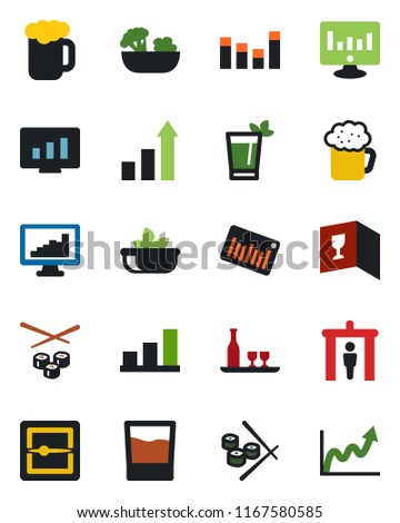 Color and black flat icon set - security gate vector, growth statistic, monitor, barcode, equalizer, scanner, statistics, bar graph, alcohol, wine card, drink, phyto, beer, salad, sushi