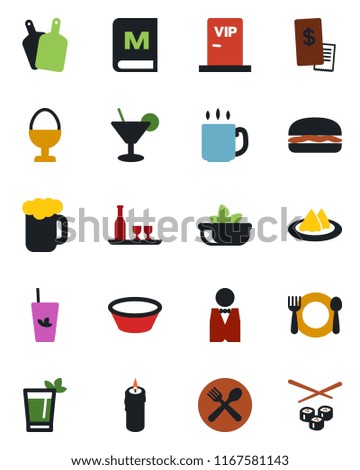 Color and black flat icon set - coffee vector, waiter, alcohol, serviette, cafe, menu, cocktail, phyto bar, beer, salad, egg stand, candle, vip zone, restaurant receipt, hamburger, bowl, sushi