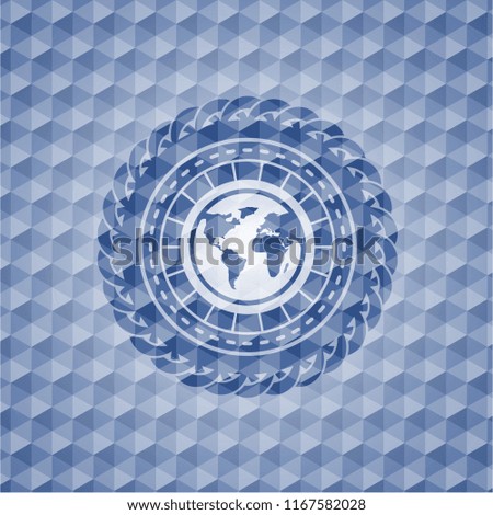 earth icon inside blue hexagon badge.