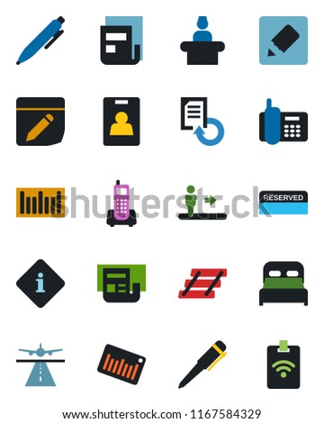 Color and black flat icon set - runway vector, escalator, reception, pen, document reload, office phone, barcode, notes, news, identity card, paper tray, bedroom, reserved, information, pass