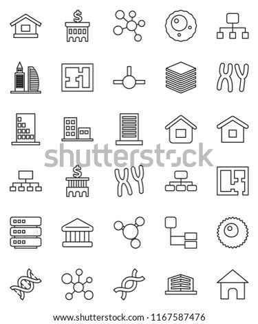 thin line vector icon set - molecule vector, bank, building, hierarchy, dna, chromosomes, ovule, connect, big data, plan, apartments, office, home