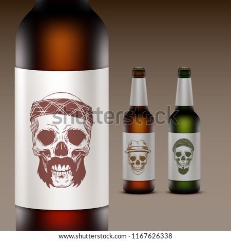 Vector set of beer bottles with illustration on label of skulls with mustache and bandanna or hat and beard