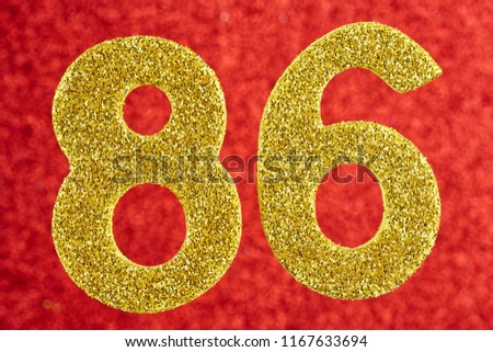 Number eighty-six gold color over a red background. Anniversary. Horizontal