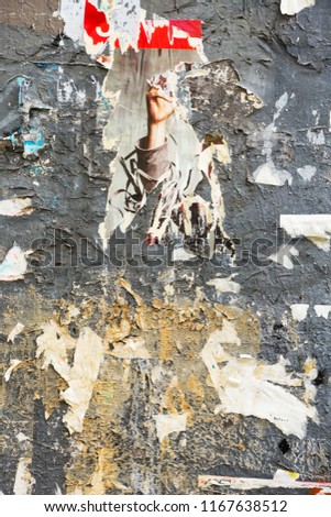 Vintage Billboard With Torn Poster, Paper, Ads, Stickers Wide Background Or Texture. Urban Creative Wallpaper For Design. Abstract Web Banner. Posters, remains of paper on grunge old walls as creative