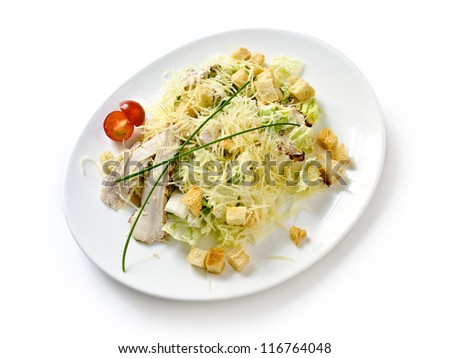 Pasta with ham and tomato salad and bread on the isolated background