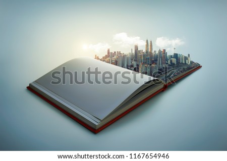 Early morning beautiful scene of modern city skyline pop up in the open book pages. Royalty-Free Stock Photo #1167654946