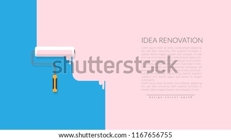 vector of paint roller painting pink color on blue empty wall house. creative home repair and painting concept, logo design poster template with copy space for your company text. Royalty-Free Stock Photo #1167656755