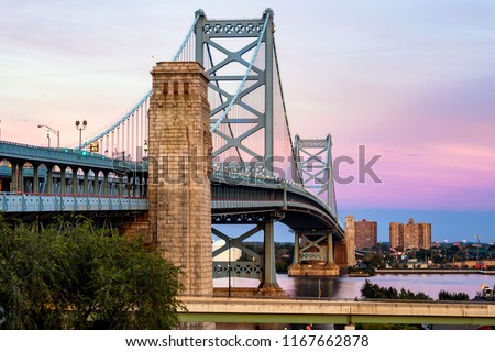 Ben Franklin Bridge in Philadelphia Pennsylvania during sunset