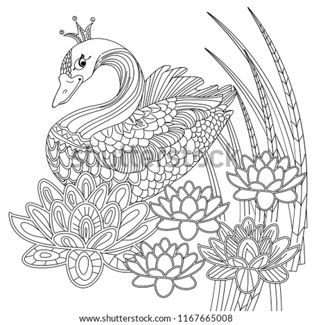 Doodle floral and swans drawing. Art therapy coloring page.