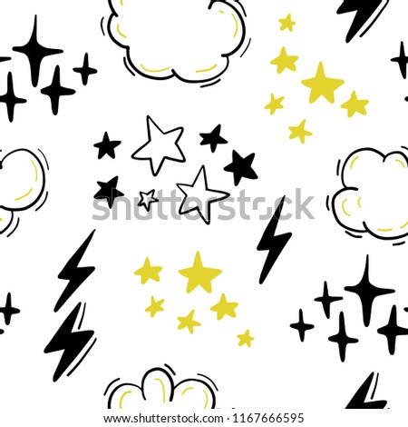 Vector seamless pattern with stars, clouds, lightning in hand drawn comic style. Doodling, doodle. Nursery outline drawing. Good for packaging design, children's room interior decor, kid clothes print