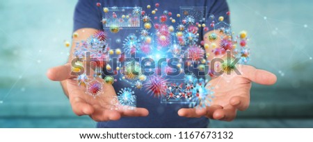Businessman on blurred background analyzing bacteria microscopic close-up 3D rendering