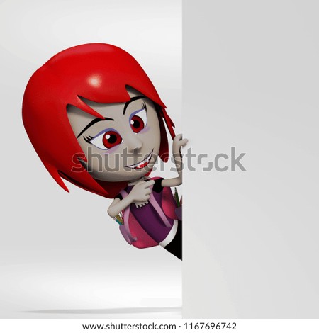 student girl dressed as vampire with backpack pointing to boards on white background. 3D cartoon Halloween illustration