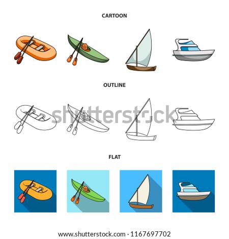 A rubber fishing boat, a kayak with oars, a fishing schooner, a motor yacht.Ships and water transport set collection icons in cartoon,outline,flat style vector symbol stock illustration web.