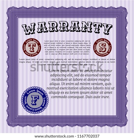 Violet Retro Warranty template. Cordial design. With guilloche pattern and background. Vector illustration. 