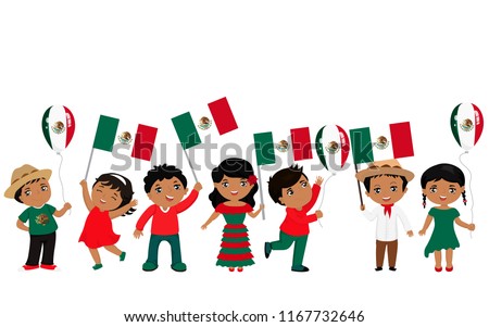 children holding Mexico flags. Vector illustration. Modern design template