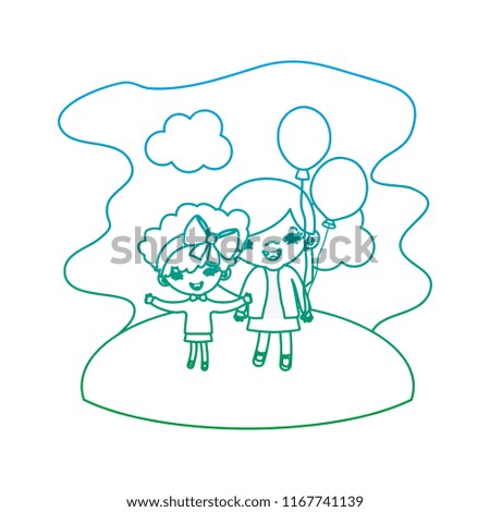 degraded line girls children with funny balloons in the landscape