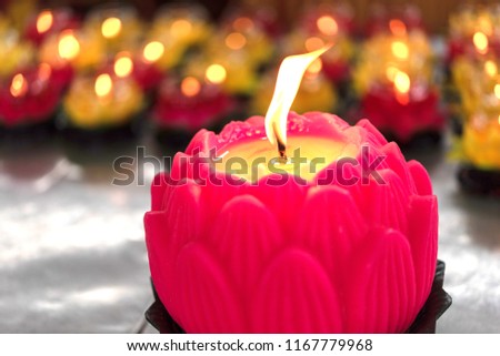 Candle in front of many defocused candle flames. Flower candles burning at night. Many burning candles with shallow depth of field.