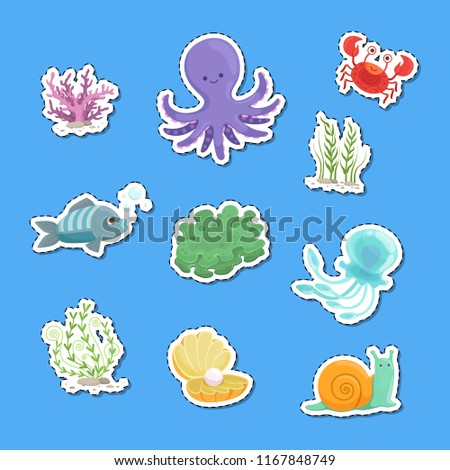 Vector cartoon underwater creatures and seaweed sticker set illustration isolated on blue background