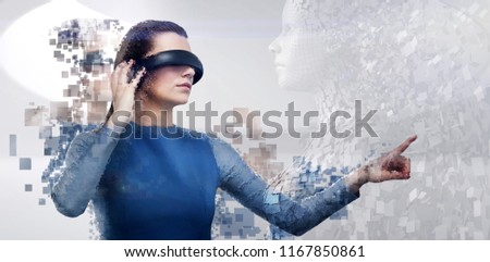 Digital composite of woman with a virtual reality simulator against side view of gray pixelated 3d woman