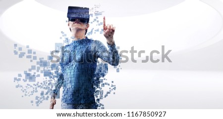 Digital composite of woman with an augmented reality simulator against full length of gray pixelated 3d woman