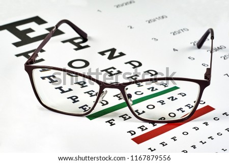 corrective glasses on the background of the Snellen chart Royalty-Free Stock Photo #1167879556