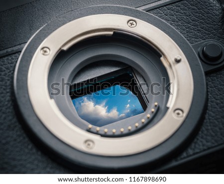 Sensor of a mirrorless camera with clouds. Concept photo.