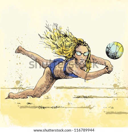Volleyball. Illustration of sport (foreground) on vintage paper (background). Description: Editable in several layers (at least three layers). Number of colors in each layer: no more than sixteen.
