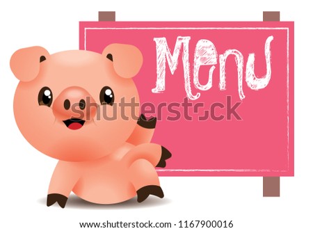 Cartoon cute pig character sitting beside big pink menu signboard - vector mascot Isolated.