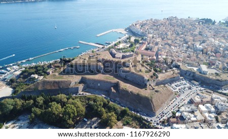 Aerial drone photo of iconic old Venetian sea fortress of Corfu near center of old town, Kerkyra island, Greece