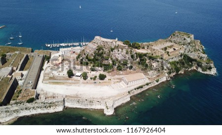 Aerial drone photo of iconic old Venetian sea fortress of Corfu near center of old town, Kerkyra island, Greece