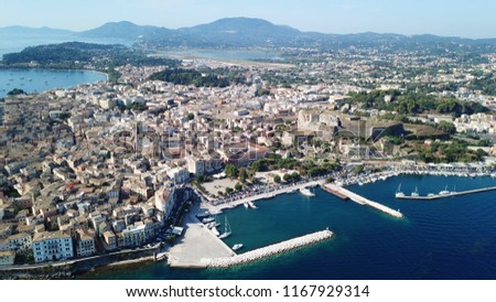Aerial drone photo of iconic and historical center of old Corfu town, Kerkyra island, Greece