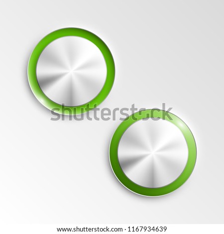 web round metall button on off mark patch reflected light website app. Isolated bell metall button round sign border, reflection shadow steel background. Button steel circle inclusion mark banner