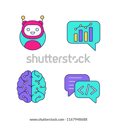 Chatbots color icons set. Virtual assistants. Code, statistics, support chat bots. Modern robots. Digital brain. Chatterbots. AI. Isolated vector illustrations
