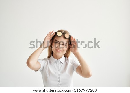 a woman with glasses on her head in the form of Bitcoin crypto currency                             