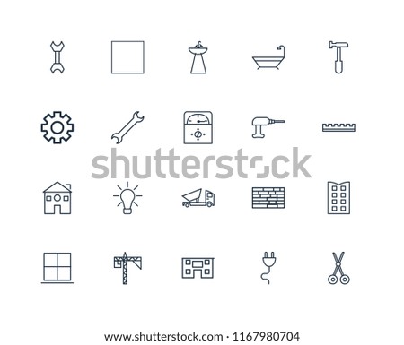 Set Of 20 linear icons such as Scissors, Plug, House, Crane, Window, Hammer, Driller, Dumper, Home, Wrench, Sink, editable stroke vector icon pack