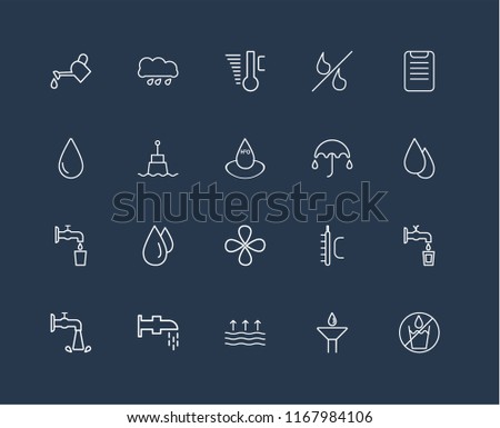 Set Of 20 black linear icons such as No water, Drop, Evaporation, Watertap, Water, Clipboard, Umbrella, Buoy, Temperature, editable stroke vector icon pack