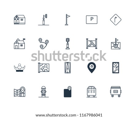 Set Of 20 linear icons such as Recycle bin, Recycling Gps, Hydrant, Map, Turn, Social care, Destination, Flag, editable stroke vector icon pack