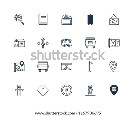 Set Of 20 linear icons such as Placeholder, Hydrant, Compass, Turn, Highway, Map, Recycle bin, Recycling editable stroke vector icon pack