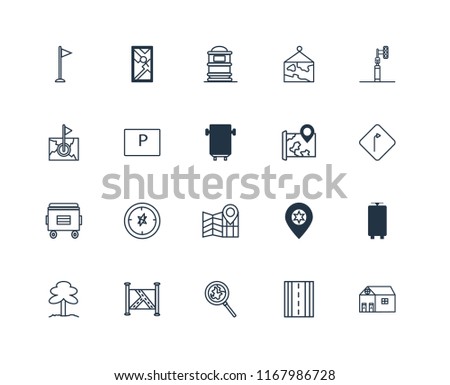 Set Of 20 linear icons such as Toilet, Road, Search, Map, Park, Traffic light, Recycle bin, Parking, Mailbox, editable stroke vector icon pack