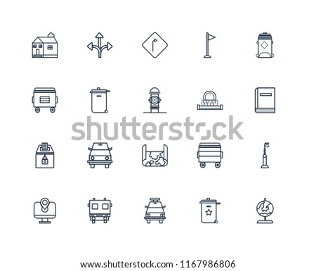 Set Of 20 linear icons such as Globe, Recycle bin, Police car, Fire truck, Map, Recycling Sewage, Elections, Turn, editable stroke vector icon pack