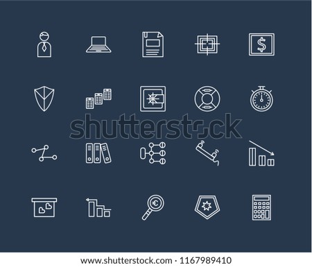 Set Of 20 black linear icons such as Calculator, Shield, Magnifying glass, Diagram, Presentation, Atm, Lifeguard, Line chart, Newspaper, Diskette, editable stroke vector icon pack