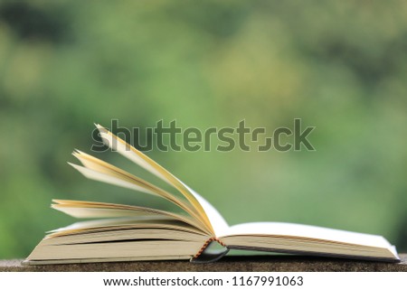  Close-up of a book open on a garden floor natural green is the background selective focus and shallow depth of field