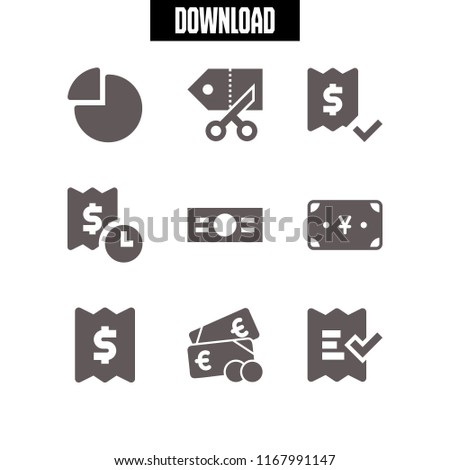 budget icon. 9 budget vector set. pie chart, cash, coupon and yen icons for web and design about budget theme