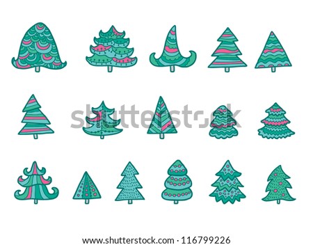 Set of different christmas trees isolated on white - in green, blue and pink colors