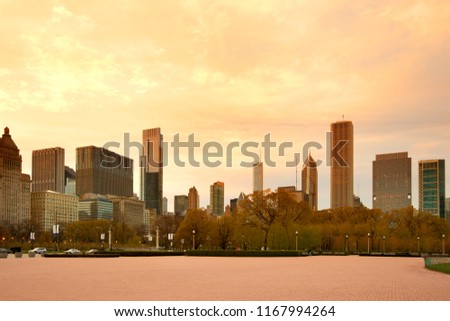 Downtown skyline at dusk, Chicago, Illinois, USA