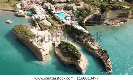 Aerial drone bird's eye view photo of iconic white rock volcanic formations of Canal d' Amour in Sidari area, North Corfu island, Ionian, Greece