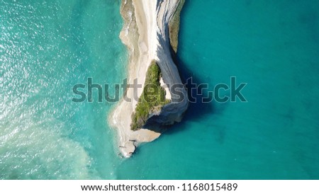 Aerial drone bird's eye view photo of iconic white rock volcanic formations with emerald clear water near Canal d' Amour in Sidari area, North Corfu island, Ionian, Greece
