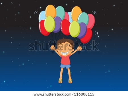 illustration of a boy and balloons in a dark night
