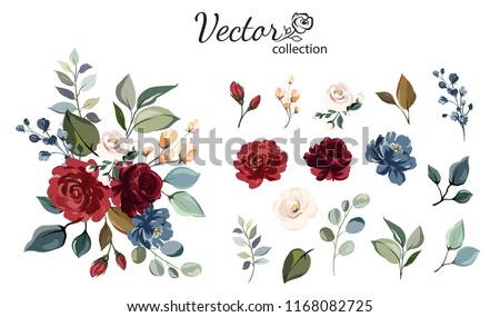 Set of floral branch. Flower red, burgundy, navy blue rose, green leaves. Wedding concept with flowers. Floral poster, invite. Vector arrangements for greeting card or invitation design Royalty-Free Stock Photo #1168082725