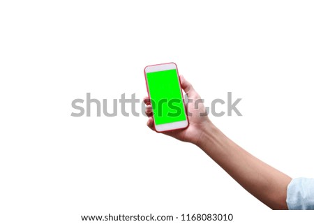 Businessman hand holding a phone on a white background.